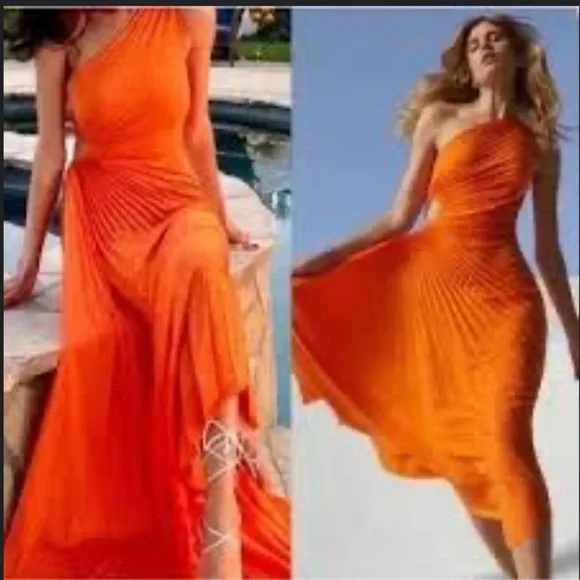 Dream Coral Pleated Satin One Shoulder Dream Destination Midi Dress NWT NY&C M - Picture 1 of 13